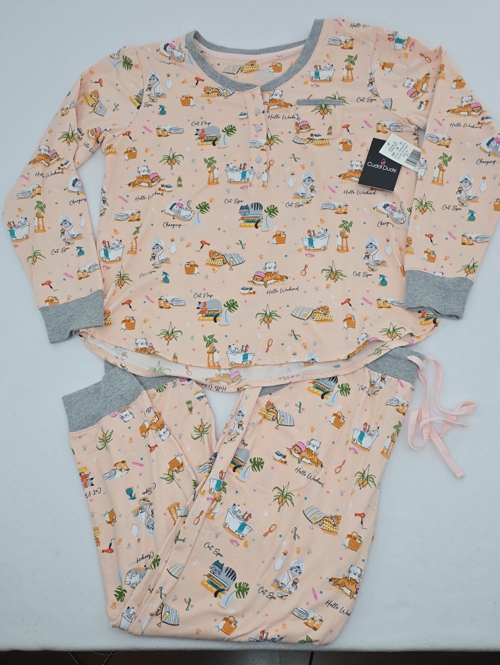 NWT Cuddl Duds Cat Spa Weekend Pink Henley Pajama Set - Size M